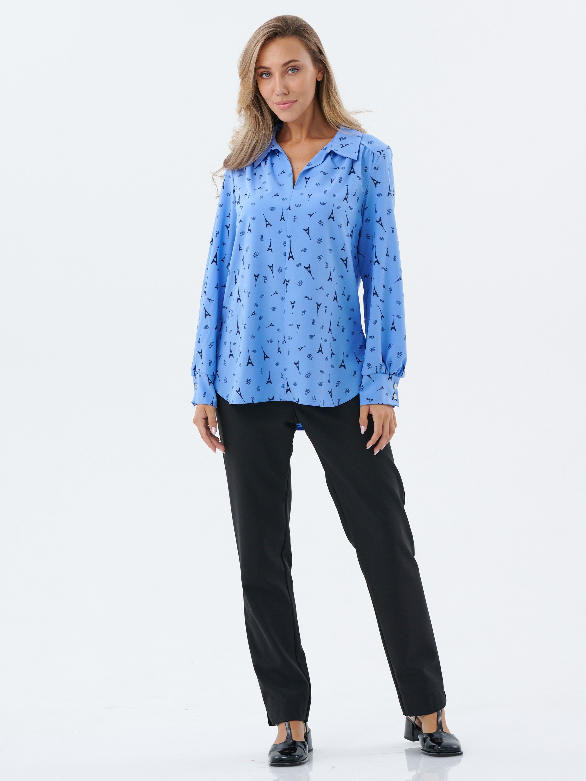 Блузка удлиненная с воротником васильковая