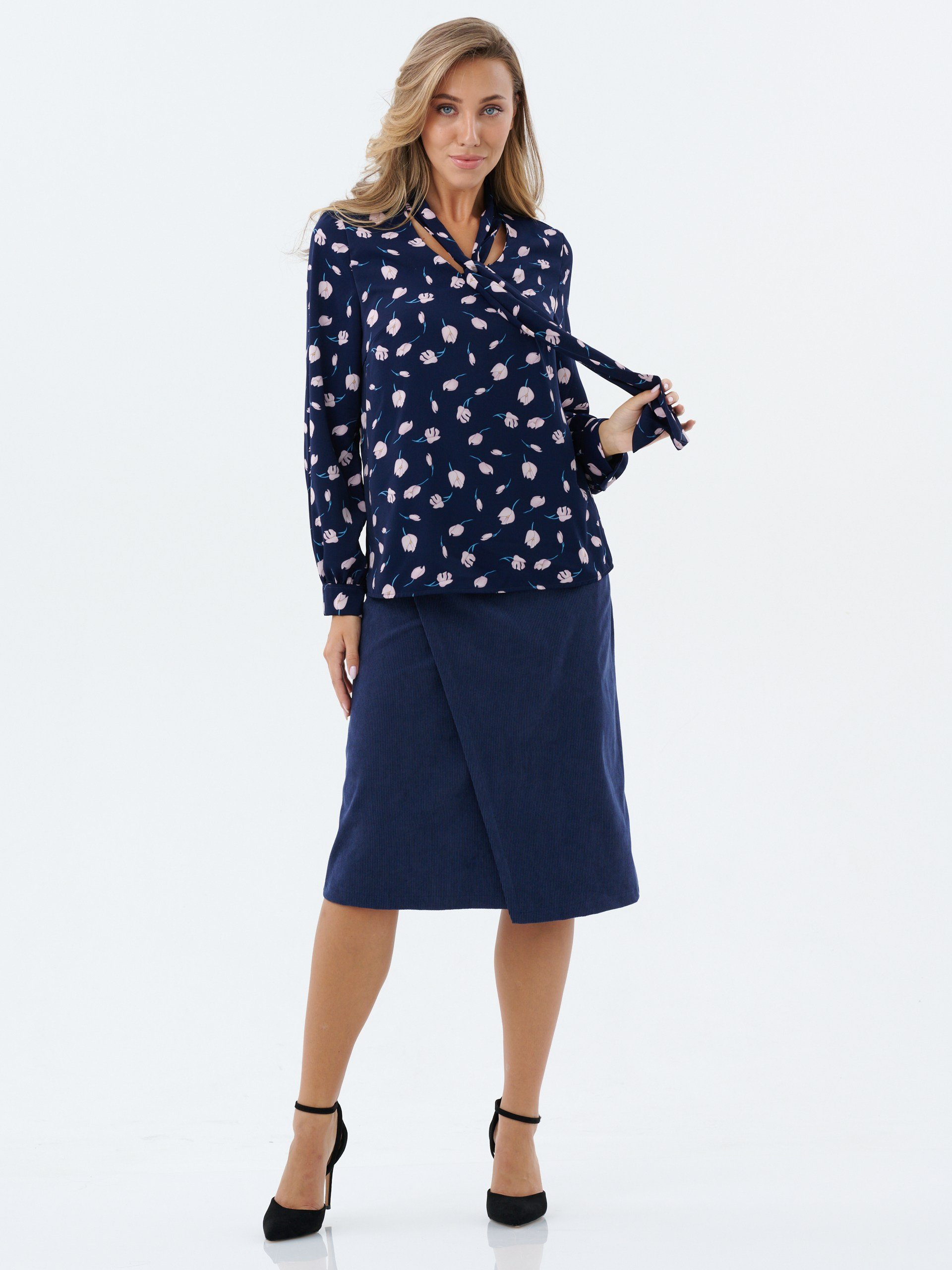 Блузка с завязкой - галстуком темно синий